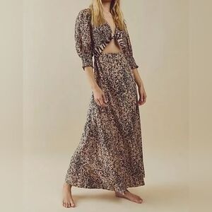 Free People String Of Hearts Printed Maxi Smocked V-Neck Dress Tan & Black Sz L